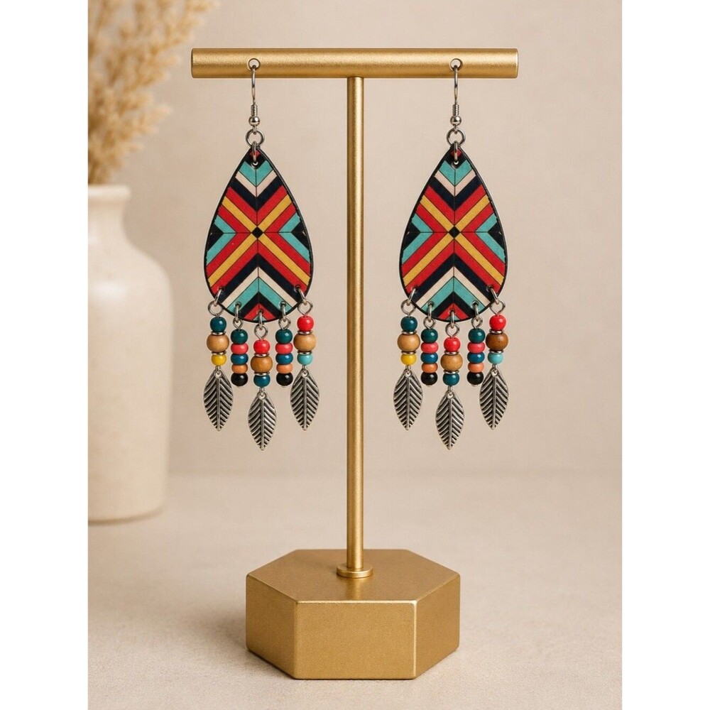 Wildflower Boho Multicolor Aztec Beaded Feather Drop Earrings - NWT